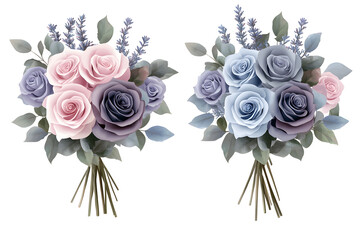Mauve and blue rose bouquet set, soft pastel elegant watercolor floral arrangement, hand painted botanical cluster for wedding, decor, card or invitation

