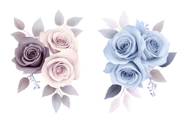 Mauve and blue rose bouquet set, soft pastel elegant watercolor floral arrangement, hand painted botanical cluster for wedding, decor, card or invitation

