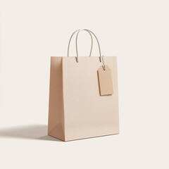 Minimalist beige shopping bag icon with tag on a neutral background