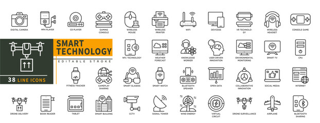 Minimalist Smart Tecnology line icons set with editable stroke, featuring gaming console, wireless mouse, nfc, wifi, knowledge worker, vr, cpu, smart tv, internet, social. thin linear illustration.