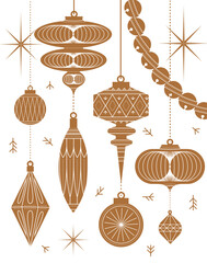 Christmas tree art deco toys in different shapes and forms in vintage style drawing in beige theme on white background