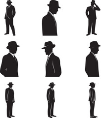 A collection of Black suited man wearing hat instruments silhouette vector, black and white silhouette vector illustration