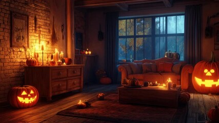 Cozy living room decorated with glowing Halloween pumpkins, candles, and various autumn decorations