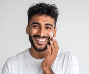 A man applies facial cream with a happy expression against a light background.