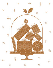 Gift boxes under cake stand lid drawing in beige theme on white background