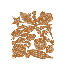 Christmas tree toys in different shapes and forms in vintage style drawing in beige theme on white background