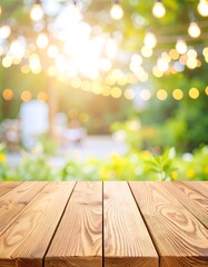 Wooden tabletop outdoors, blurred background