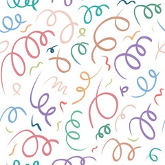 Bright seamless pattern with colorful abstract swirls and streamers on white. Perfect for party design, greeting cards, posters, gift wrapping, invitations, banners, holiday decorations and modern bac