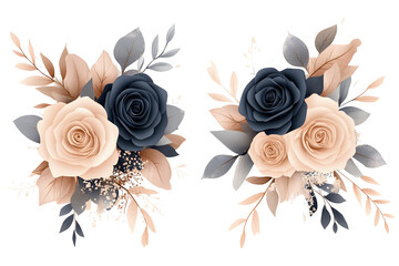 Cream and blue rose floral set, watercolor hand painted romantic bouquet, botanical elegant arrangement for invitation, card, wedding or deco