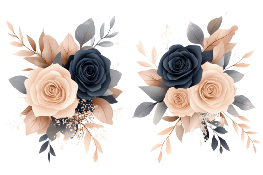 Cream and blue rose floral set, watercolor hand painted romantic bouquet, botanical elegant arrangement for invitation, card, wedding or deco