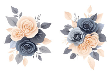 Cream and blue rose floral set, watercolor hand painted romantic bouquet, botanical elegant arrangement for invitation, card, wedding or deco