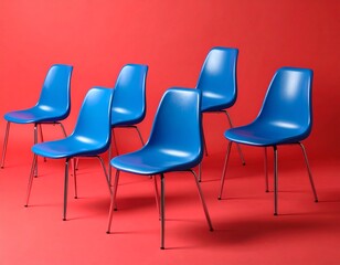 Six Blue Plastic Chairs on Red Floor with Casual Staggered Arrangement