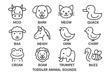 Cartoon animal sounds chart featuring various animal icons and sound labels for kids