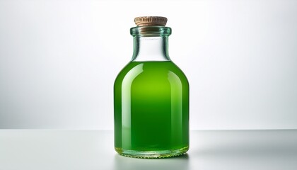 a bottle filled with a vibrant green liquid against a plain white background