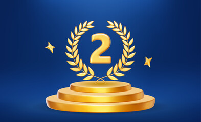 3d golden winners podium with gold number two and laurel wreath. Stock vector illustration on blue isolated background.