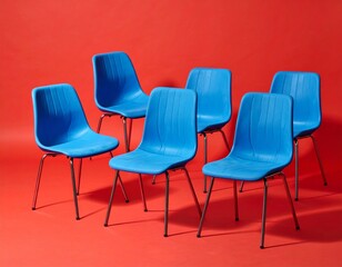 Six Blue Plastic Chairs on Red Floor with Casual Staggered Arrangement