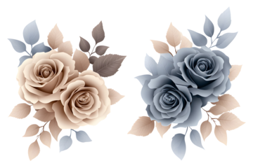 Cream and blue rose floral set, watercolor hand painted romantic bouquet, botanical elegant arrangement for invitation, card, wedding or deco