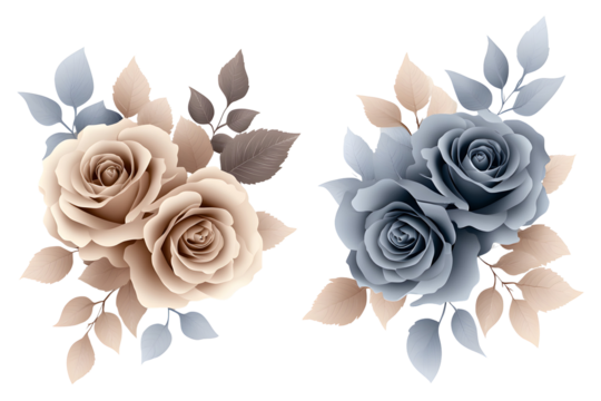 Cream and blue rose floral set, watercolor hand painted romantic bouquet, botanical elegant arrangement for invitation, card, wedding or deco