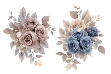 Duet color rose botanical set, mauve and blue pastel flower bouquet, watercolor hand painted floral arrangement for decorative, card, and wedding design