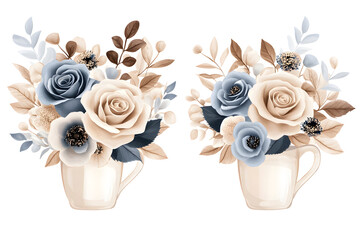 Duet color rose botanical set, mauve and blue pastel flower bouquet, watercolor hand painted floral arrangement for decorative, card, and wedding design