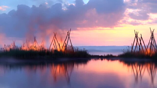 Tranquil sunset over a serene lake with wooden structures and misty reflections