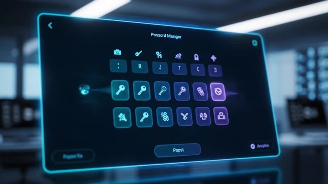 Futuristic Password Manager Interface with Holographic Screen in Modern Office Setting Featuring Digital Security and Encryption Tools