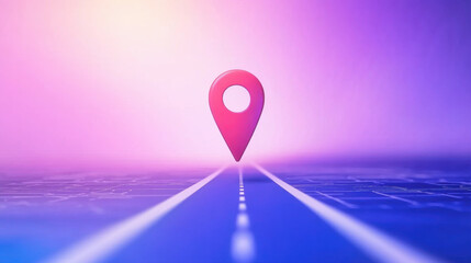 Red map pin on road to modern big city.