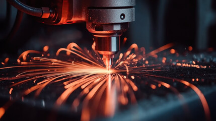 CNC laser cutting machine working with sheet metal with orange sparks at factory
