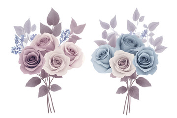 Duet color rose botanical set, mauve and blue pastel flower bouquet, watercolor hand painted floral arrangement for decorative, card, and wedding design
