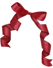 Hand drawn illustration. Red festive lush bow made of silk ribbons on a white background