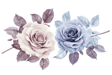 Duet color rose botanical set, mauve and blue pastel flower bouquet, watercolor hand painted floral arrangement for decorative, card, and wedding design