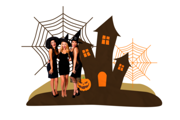 Composite artwork 3D sketch collage of happy halloween poster spooky season party home moon pumpkin face three young lady sister witch hat