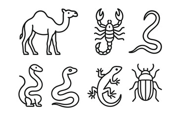 Fototapeta premium Outline illustrations of desert animals and reptiles including camel, scorpion, snakes, lizard, and beetle