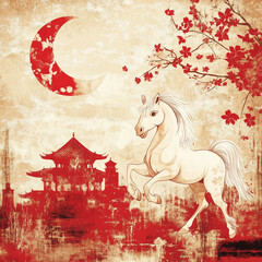 year of the horse, new year, asian festival, illustration, background, cover, advertisement, horse, pattern, design, zodiac, icon, new, year, animal, symbol, art, vintage