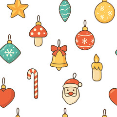 New Years Christmas pattern with toys of different shapes with snowflakes on a New Year tree, bell, star, heart, ball, mushroom, candle, candy cane