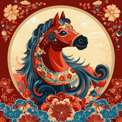 year of the horse, new year, asian festival, illustration, background, cover, advertisement, horse, pattern, design, zodiac, icon, new, year, animal, symbol, art, vintage