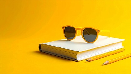 Minimalist concept with yellow sunglasses placed on a closed book and pencils against a vibrant yellow backdrop
