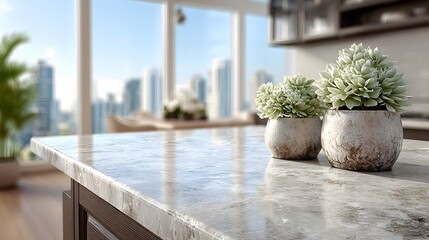 Fototapeta premium Luxurious kitchen with a gleaming white marble countertop. Elegant potted plants are in the foreground, with a blurred city skyline in back.