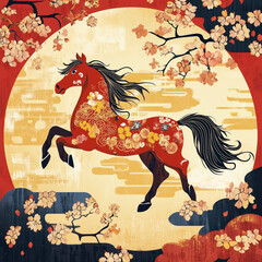 year of the horse, new year, asian festival, illustration, background, cover, advertisement, horse, pattern, design, zodiac, icon, new, year, animal, symbol, art, vintage