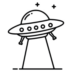 Simple line art of a UFO flying saucer with stars