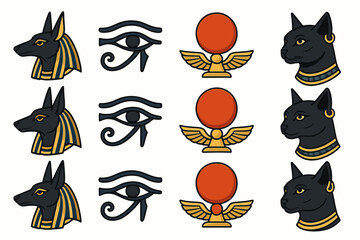 Naklejka premium Ancient egyptian symbols: anubis, eye of horus, ra sun disk, bastet cat depictions