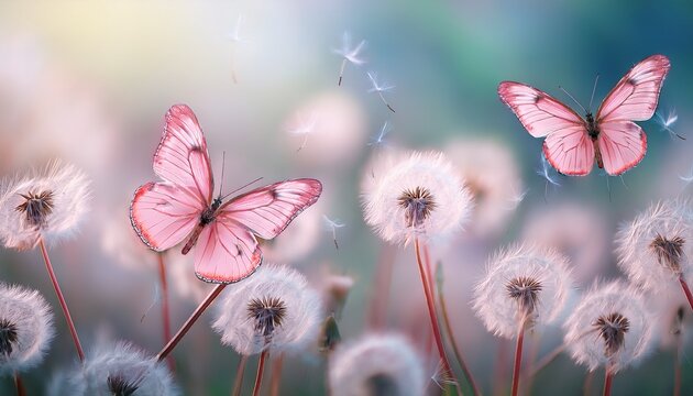 pink butterflies flutter among delicate dandelion seeds creating whimsical pastel background illustrating gentle beauty of spring and freedom - Powered by Adobe