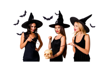 Composite photo collage of serious girls witches do magic sticks dead skull occult ritual halloween bats isolated on painted background
