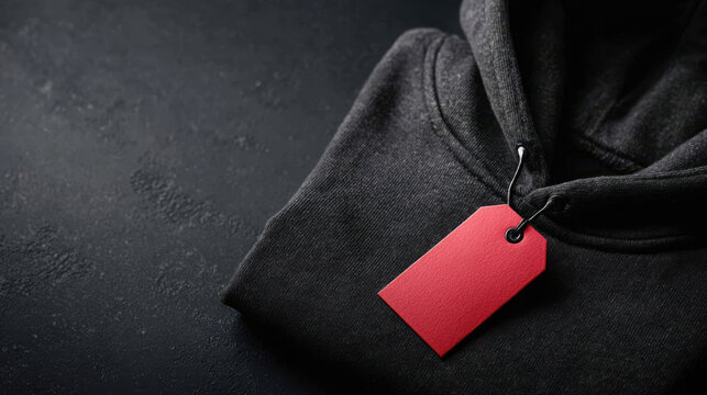 Black Friday discount mockup with black clothing featuring red tag on folded hoodie placed on dark textured surface for sale promotion