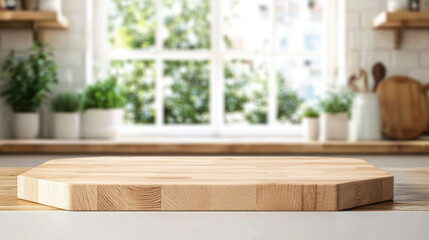 Fototapeta premium Wooden cutting board on white table in kitchen, closeup. Space for text