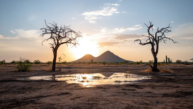 A tranquil desert landscape at sunset, showcasing silhouettes of barren trees against a vibrant sky, with puddles reflecting the golden light.