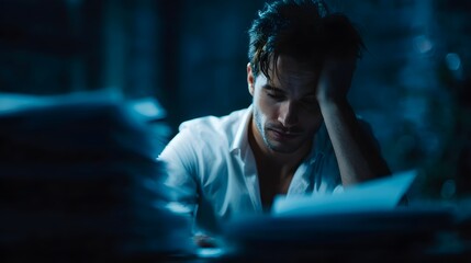 Exhausted man overwhelmed by work surrounded by papers in dim light late at night