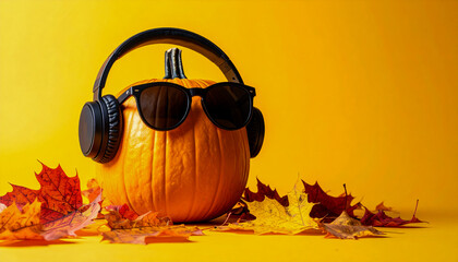 Creative concept of a pumpkin wearing black sunglasses and headphones with colorful autumn leaves on a yellow background