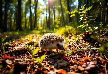 Obraz premium A tiny hedgehog ambles through sun-dappled forest undergrowth, autumn, brown
