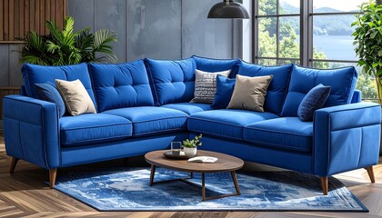 Fototapeta premium Modern blue sectional sofa in a living room